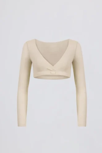 Crop-Top aus gebürstetem Jersey mit V-Ausschnitt in Ecru