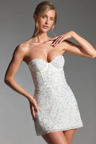 Crystella verziertes trägerloses Korsett-Minikleid in Weiß