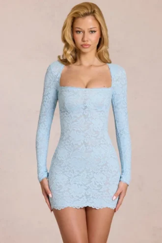 Darla Minikleid mit gewellter Spitze und langen Ärmeln in Powder Blue