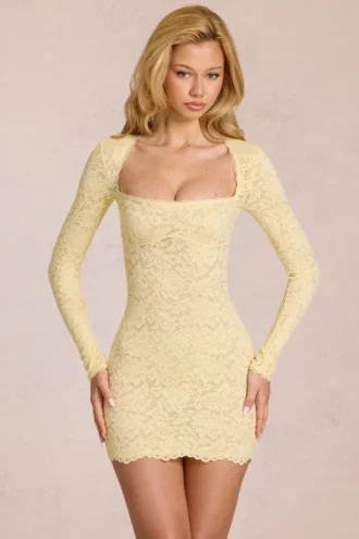 Darla Minikleid mit gewellter Spitze und langen Ärmeln in Zitronengelb