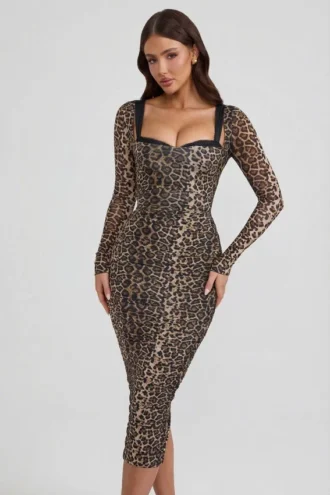 Deliana Midaxi-Kleid mit Lagen-BH-Detail und Rüschen im Leopardenmuster