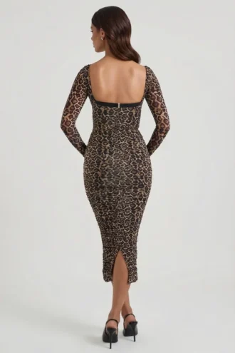 Deliana Midaxi-Kleid mit Lagen-BH-Detail und Rüschen im Leopardenmuster