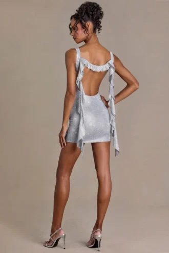 Delphine Minikleid mit verziertem, tiefem Cowl-Ausschnitt in Silber