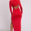 Desdemona Langarm-Maxikleid mit Kapuze in Feuerrot