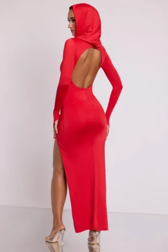 Desdemona Langarm-Maxikleid mit Kapuze in Feuerrot