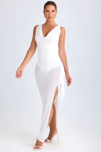 Deva Midaxi-Kleid mit Rüschenbesatz und Wasserfallausschnitt in Weiß