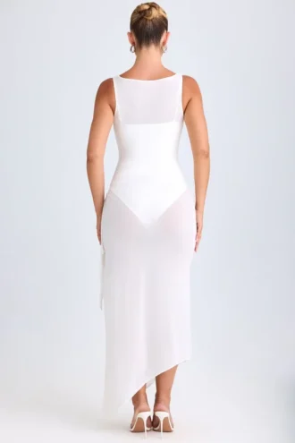 Deva Midaxi-Kleid mit Rüschenbesatz und Wasserfallausschnitt in Weiß