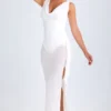 Deva Midaxi-Kleid mit Rüschenbesatz und Wasserfallausschnitt in Weiß