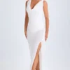 Deva Midaxi-Kleid mit Rüschenbesatz und Wasserfallausschnitt in Weiß