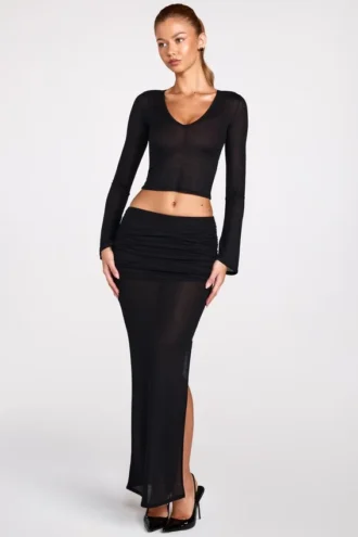 Diana – Transparenter Jersey-Maxirock mit tiefem Bund und Drapierung in Schwarz