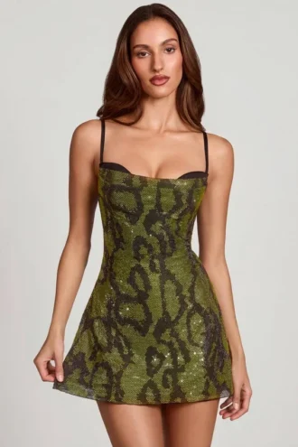 Dianora A-Linien-Minikleid mit Cowl-Ausschnitt und Verzierungen in grünem Schlangenprint