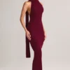 Dree Maxikleid mit Halterneck und geripptem Strick-Schal-Detail in Weinrot Dree Maxikleid mit Halterneck und geripptem Strick-Schal-Detail in Weinrot