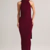 Dree Maxikleid mit Halterneck und geripptem Strick-Schal-Detail in Weinrot Dree Maxikleid mit Halterneck und geripptem Strick-Schal-Detail in Weinrot