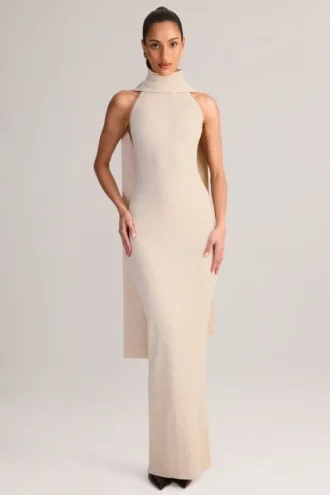 Dree Maxikleid mit Rippstrick und Schaldetail in Creme