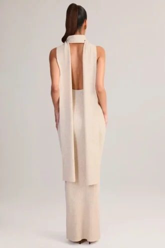 Dree Maxikleid mit Rippstrick und Schaldetail in Creme