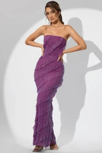 Dulce verziertes Bandeau-Maxikleid mit Rüschen in Pflaume