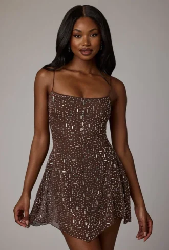 Durrani Transparentes, verziertes Minikleid mit U-Ausschnitt in Deep Cocoa
