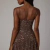 Durrani Transparentes, verziertes Minikleid mit U-Ausschnitt in Deep Cocoa Durrani Transparentes, verziertes Minikleid mit U-Ausschnitt in Deep Cocoa