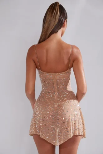 Durrani Transparentes, verziertes Minikleid mit U-Ausschnitt in Mandel