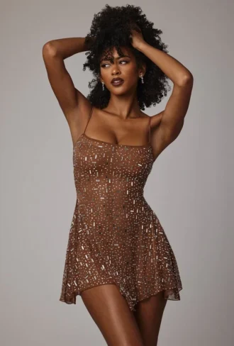 Durrani Transparentes, verziertes Minikleid mit U-Ausschnitt in Mocha