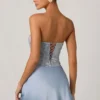 Eden Verziertes, drapiertes, trägerloses A-Linien-Minikleid in Himmelblau Eden Verziertes, drapiertes, trägerloses A-Linien-Minikleid in Himmelblau
