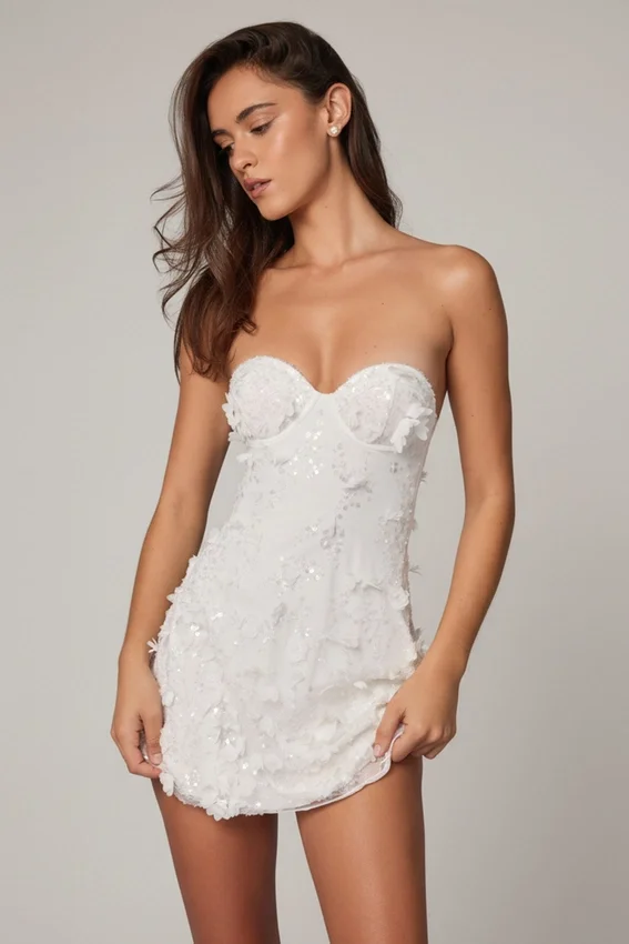 Edita Bandeau-Minikleid mit A-Linie und Verzierungen in Weiß Edita Bandeau-Minikleid mit A-Linie und Verzierungen in Weiß