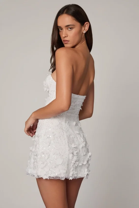 Edita Bandeau-Minikleid mit A-Linie und Verzierungen in Weiß Edita Bandeau-Minikleid mit A-Linie und Verzierungen in Weiß