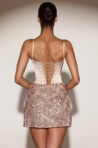 Eira Satin-Korsett-Minikleid mit verziertem Rock in Roségold