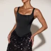 Eira Satin-Korsett-Minikleid mit verziertem Rock in Schwarz-Lila Eira Satin-Korsett-Minikleid mit verziertem Rock in Schwarz-Lila
