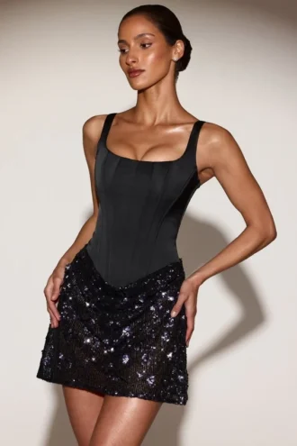 Eira Satin-Korsett-Minikleid mit verziertem Rock in Schwarz-Lila