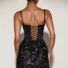 Eira Satin-Korsett-Minikleid mit verziertem Rock in Schwarz-Lila Eira Satin-Korsett-Minikleid mit verziertem Rock in Schwarz-Lila