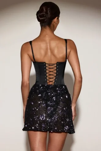 Eira Satin-Korsett-Minikleid mit verziertem Rock in Schwarz-Lila