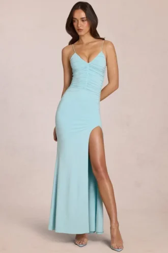 Elanora Maxikleid mit tiefem V-Ausschnitt in zartem Aqua