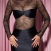 Eliette Langarm-Minikleid mit drapierten Spitzen-Einsätzen in Schwarz Eliette Langarm-Minikleid mit drapierten Spitzen-Einsätzen in Schwarz