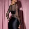Eliette Langarm-Minikleid mit drapierten Spitzen-Einsätzen in Schwarz Eliette Langarm-Minikleid mit drapierten Spitzen-Einsätzen in Schwarz