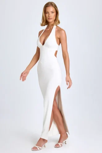 Elisana Modal-Maxikleid mit Spitzenbesatz und Neckholder in Weiß