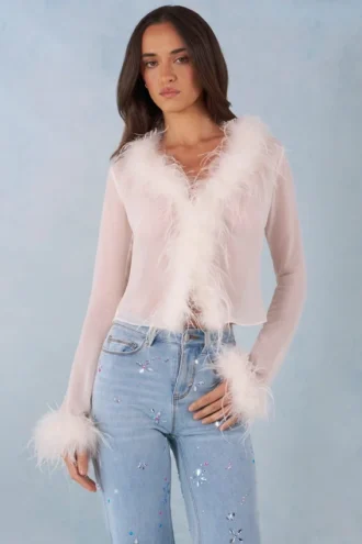 Elisia Feather Trim Sheer Oberteil in Elfenbein