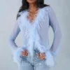 Elisia Feather Trim Sheer Oberteil in Soft Blue Elisia Feather Trim Sheer Oberteil in Soft Blue