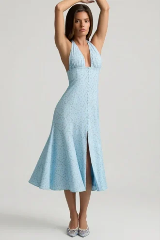 Elonia Halterneck-Midaxi-Kleid mit blauem Blumenprint Elonia Halterneck-Midaxi-Kleid mit blauem Blumenprint