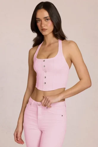 Elowis Denim-Oberteil im Korsettstil mit Neckholder in Blossom Pink