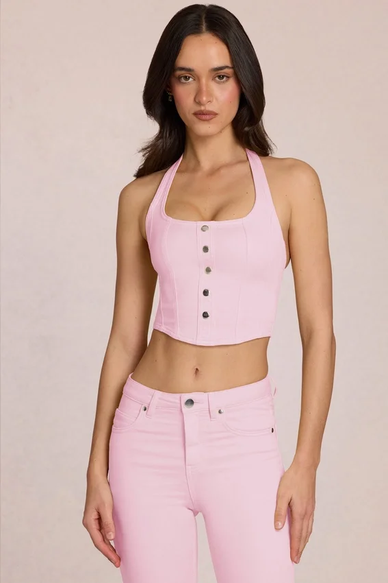 Elowis Denim-Oberteil im Korsettstil mit Neckholder in Blossom Pink Elowis Denim-Oberteil im Korsettstil mit Neckholder in Blossom Pink