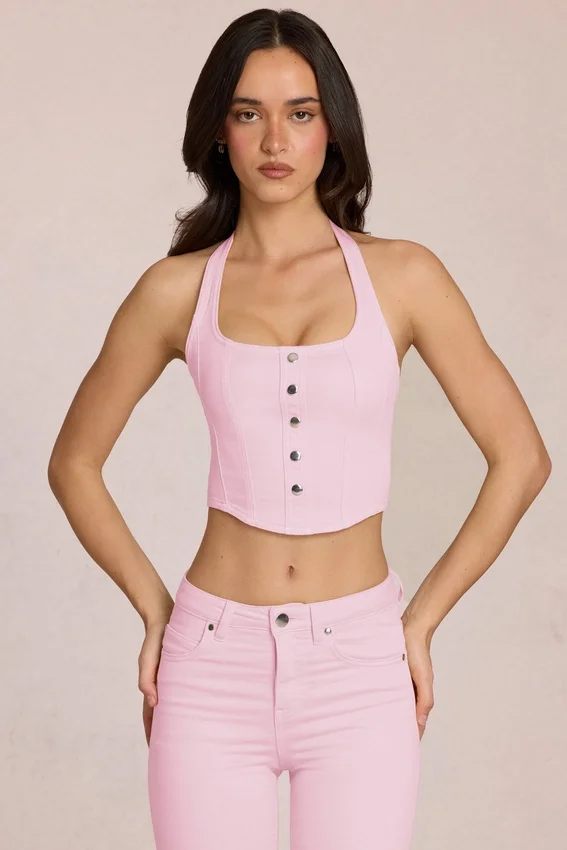 Elowis Denim-Oberteil im Korsettstil mit Neckholder in Blossom Pink Elowis Denim-Oberteil im Korsettstil mit Neckholder in Blossom Pink