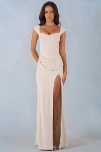 Elva Modal-Maxikleid mit Herzausschnitt und Cowl-Taille in Elfenbein