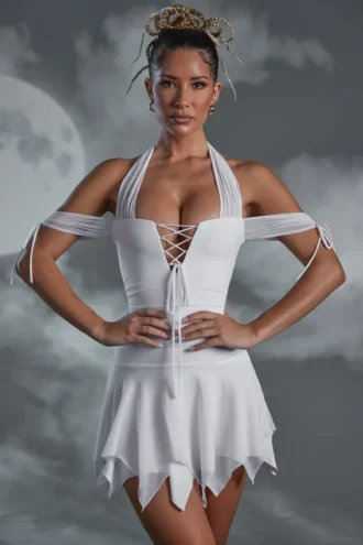 Elvyra Minikleid mit Schnürung und Neckholder in Weiß
