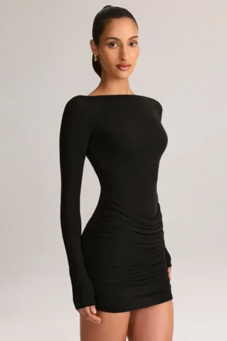 Eska Modal-Minikleid mit U-Ausschnitt, drapiert und langen Ärmeln in Schwarz