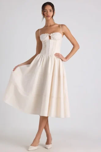 Esmeralda Midaxi-Kleid aus Popeline mit Spitzenbesatz und Biesen in Elfenbein