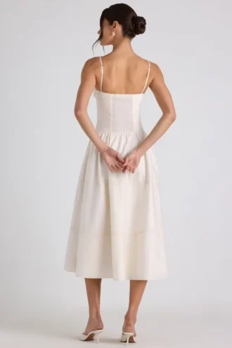 Esmeralda Midaxi-Kleid aus Popeline mit Spitzenbesatz und Biesen in Elfenbein