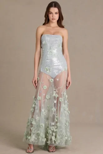 Estella verziertes Tüll-Korsettkleid in Salbeigrün