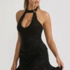 Ethelie verziertes, drapiertes A-Linien-Minikleid mit Korsett in Schwarz