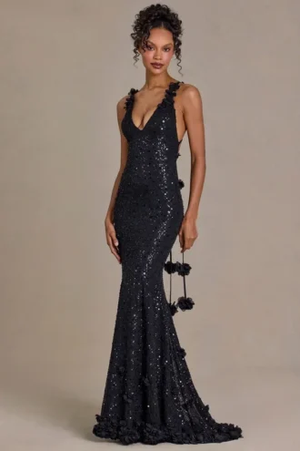 Etoile – Verziertes Plunge-Kleid mit offenem Rücken in Schwarz